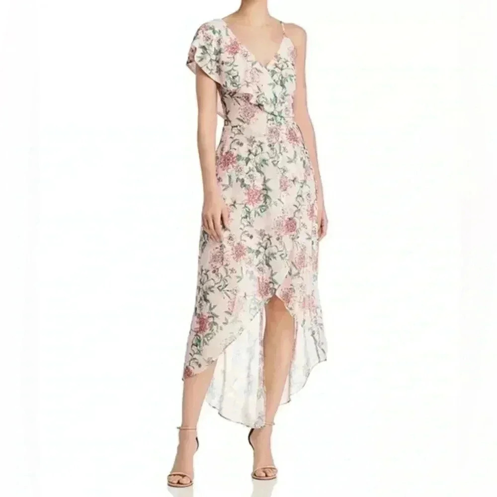 [M]Adelyn  Rae Hannah Asymmetrical Sleeveless Floral Ruffle Midi Dress